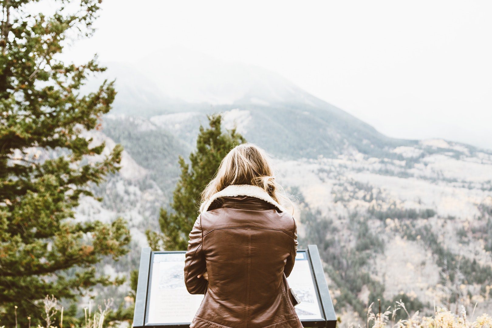 A woman overlooking winter mountains.