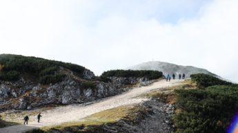 People walking on a dirt path on a hill.