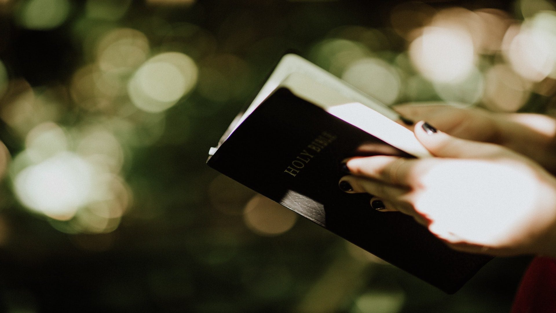 A woman holding a Bible in front of trees.