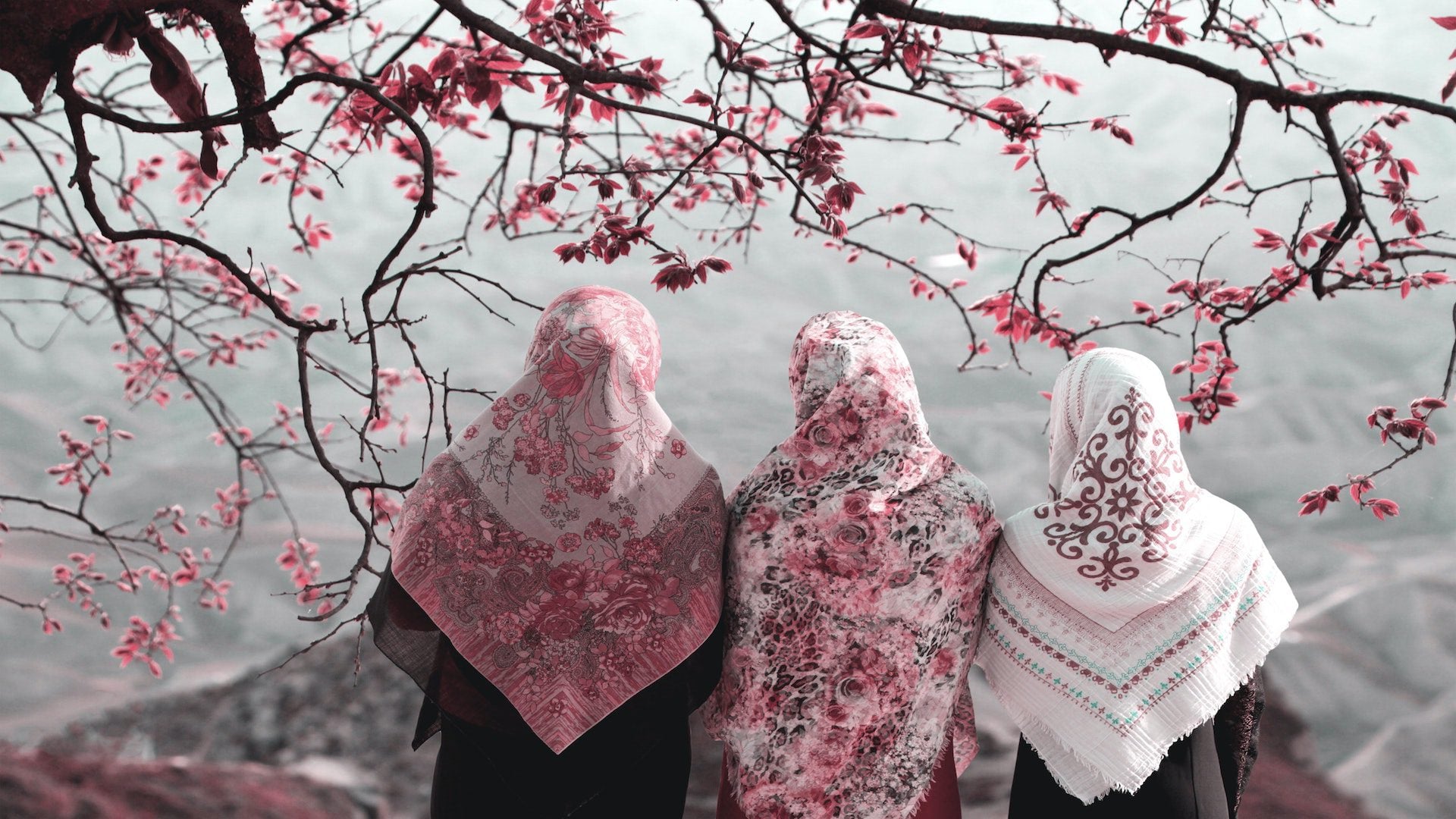Three woman wearing hijabs standing outside during the spring.
