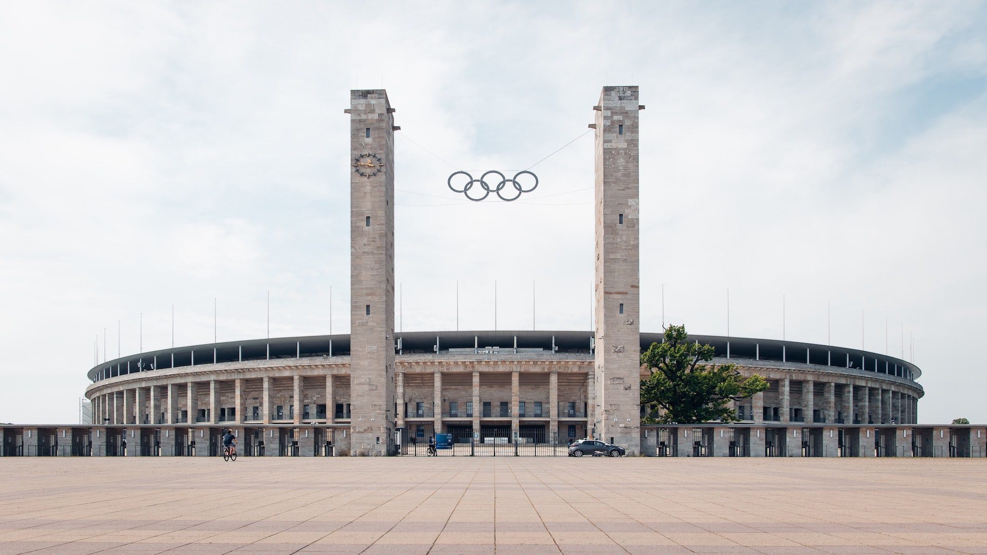 Olympic rings above a stadium in Berlin, Germany.
