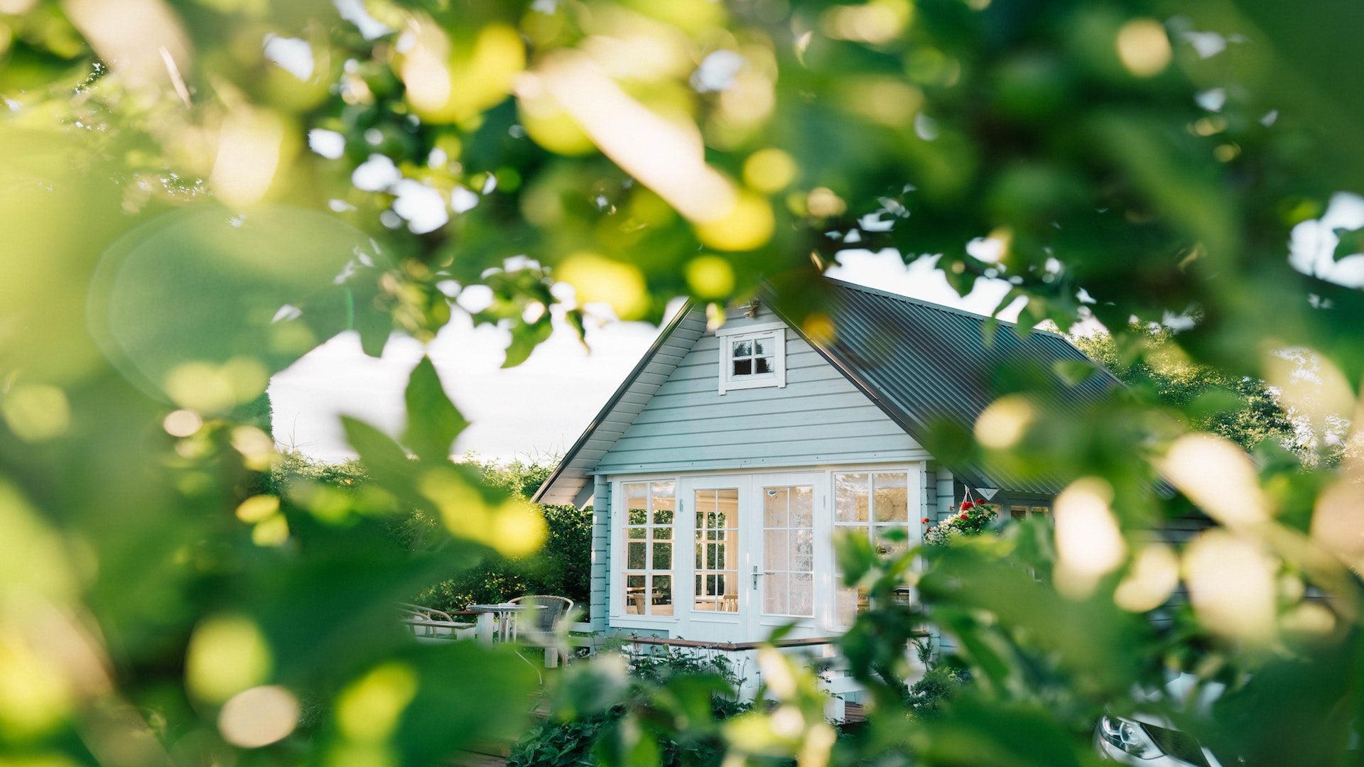Light blue house with white windows and door through green trees.