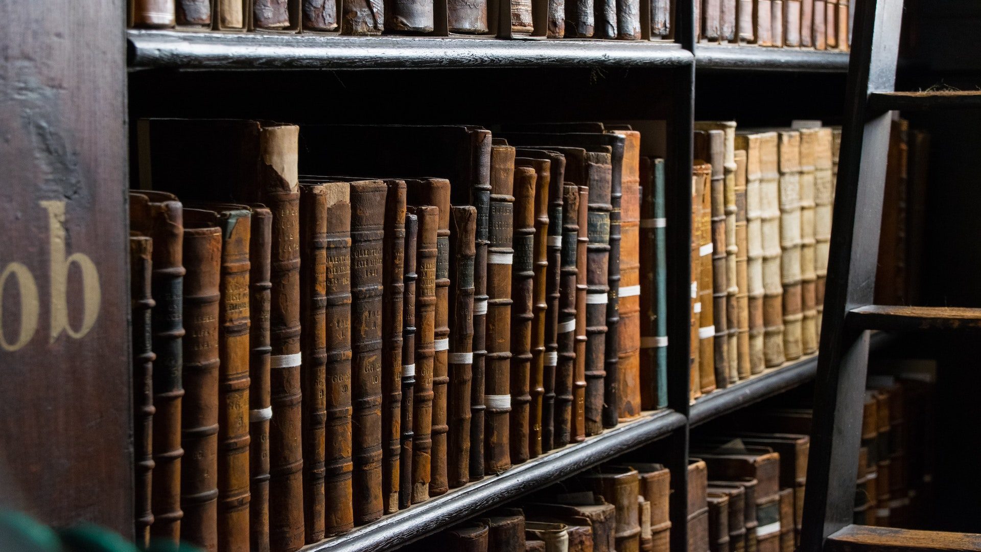 A dark brown bookcase lined with an assortment of old, brown books.
