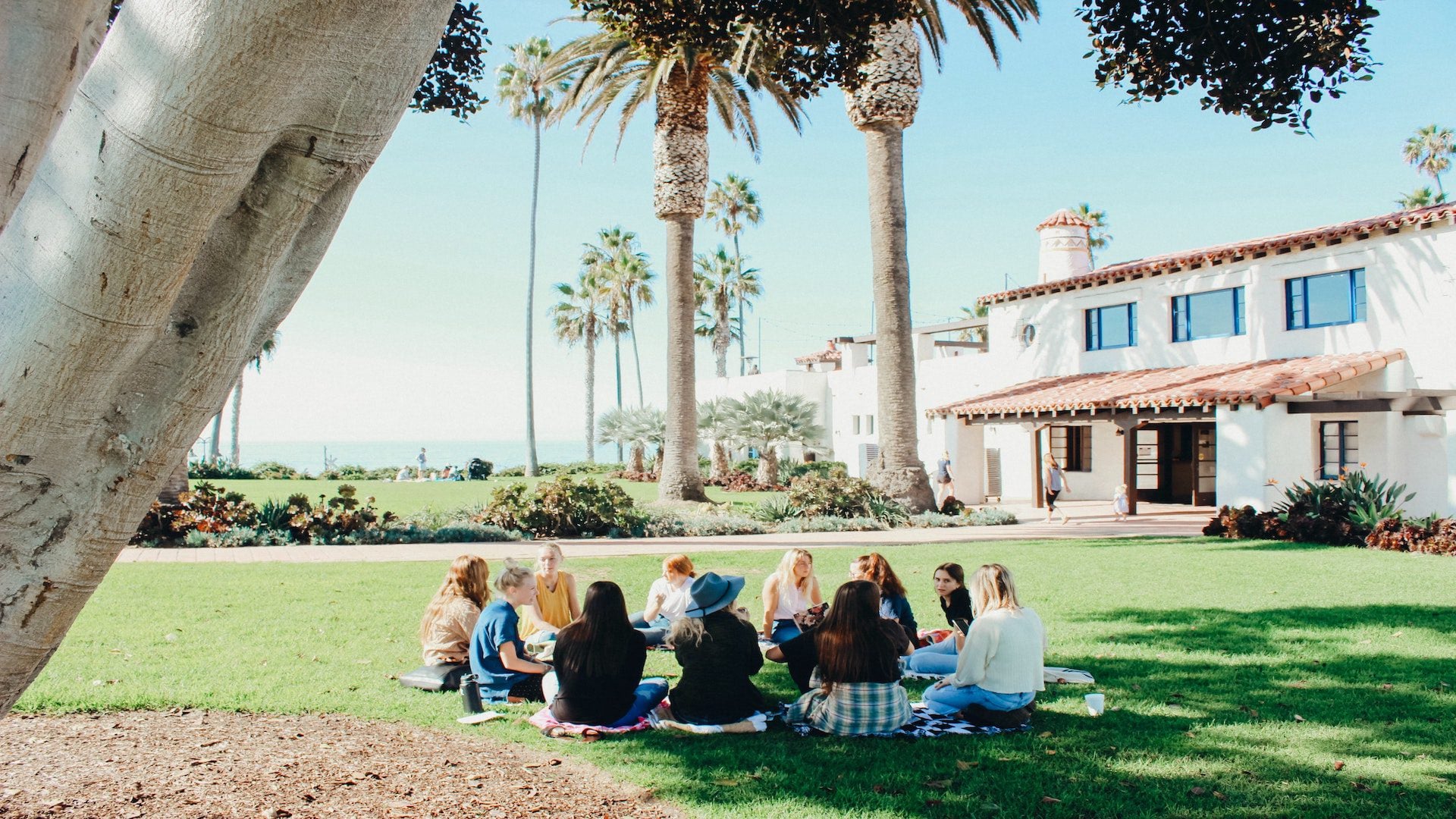 A group of girls sitting in a circle on the grass.
