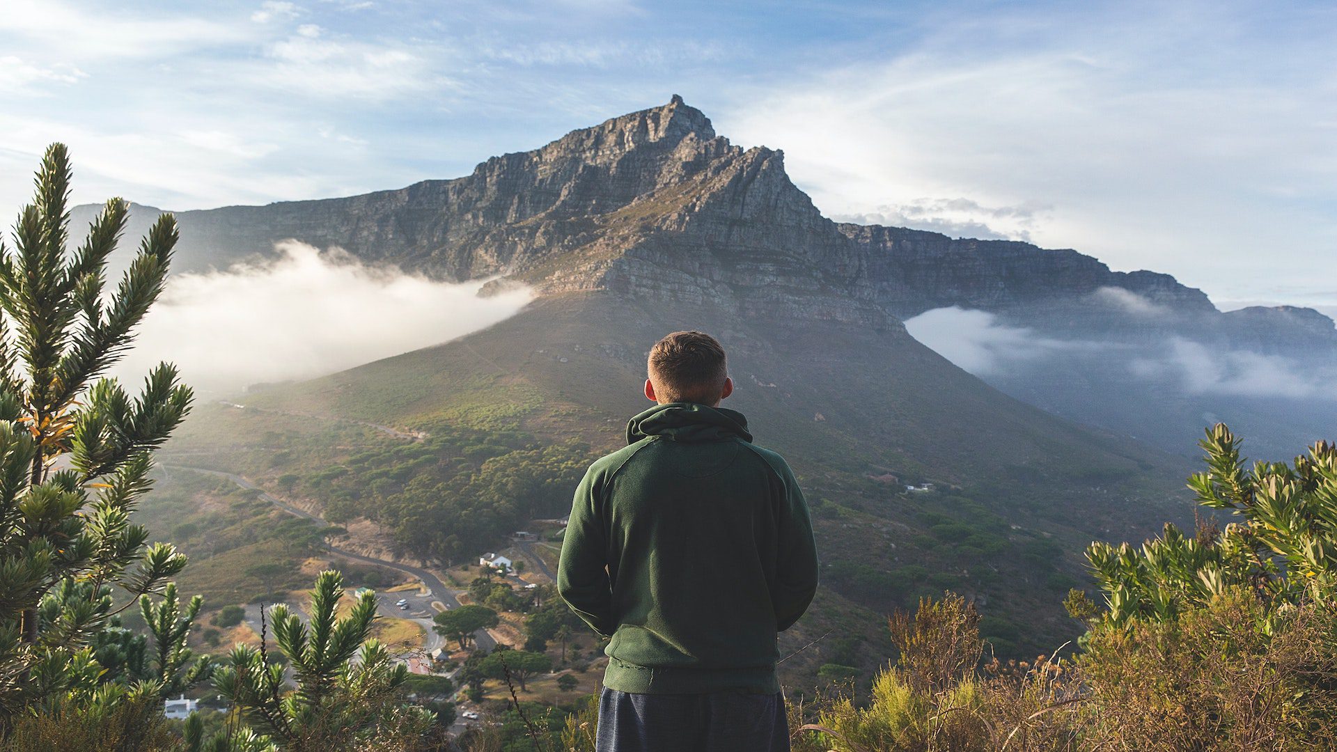 A man in a dark green hoodie is standing in front of a mountain with whimsical clouds.