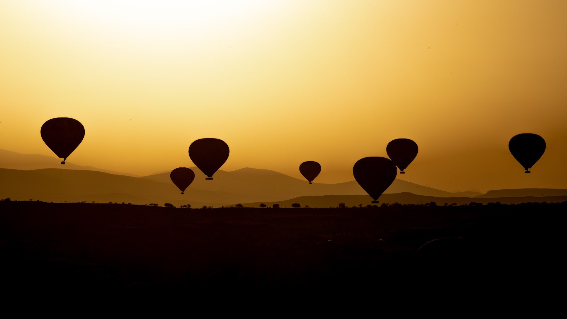 Silhouette of hot airballons floating in the yellow sky during sunset.