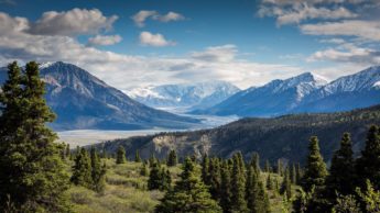 Tree covered and snowy mountains near river.