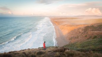 Man in red jacket standing on grass cliff over ocean.