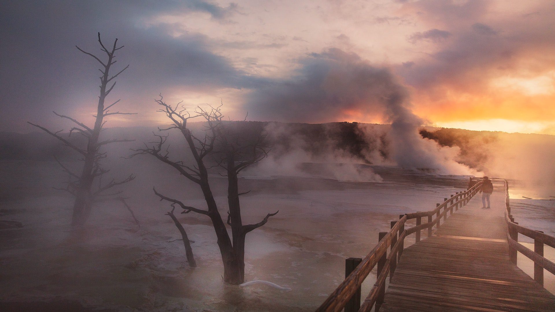 Man walking on a boardwalk near water and trees covered with clouds.