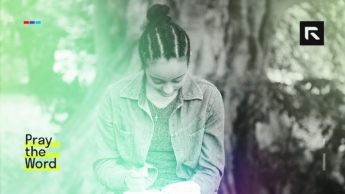 A woman sits and reads her Bible.
