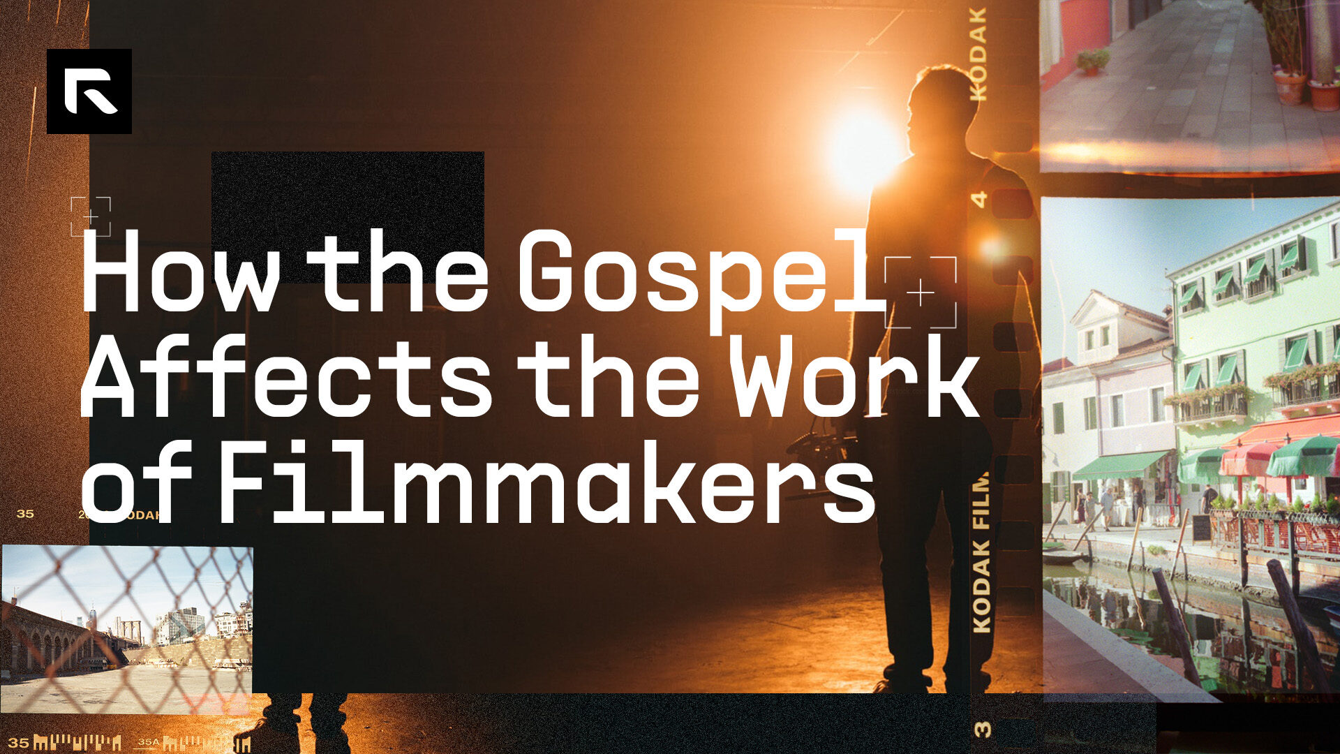 A photo of someone standing in front of a bright yellow light with a collage of random photography on top. The text says "How the Gospel Affects the Work of Filmakers"