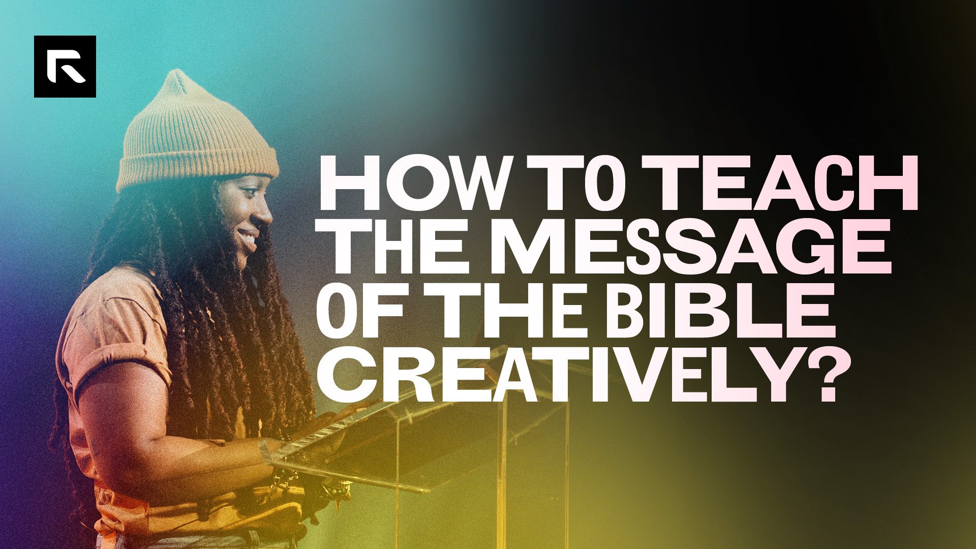 A teal, purple, and yellow background blended together with a photo of Jackie Hill Perry talking and the text "How To Teach The Message Of The Bible Creatively?"