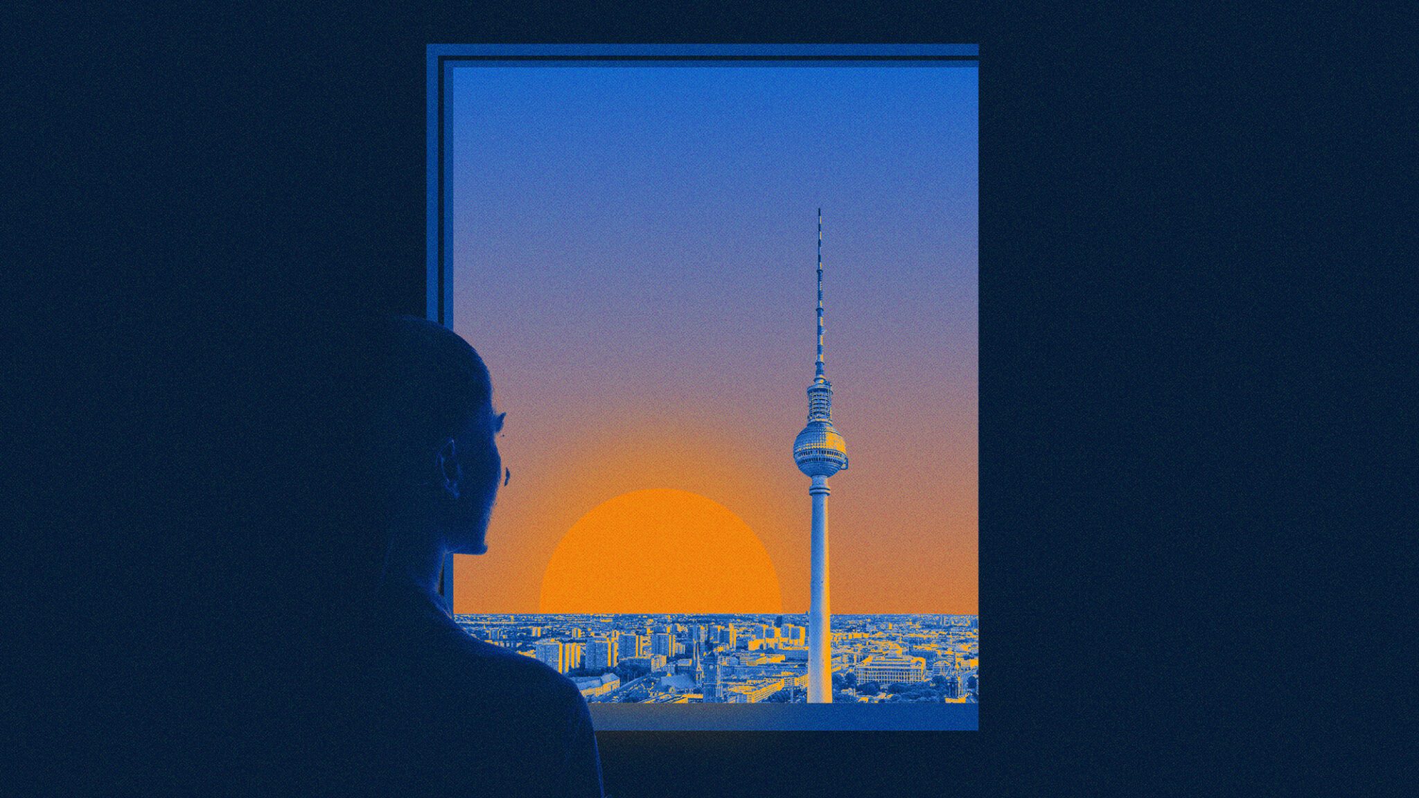 woman looking through her window over the city of Berlin, Germany