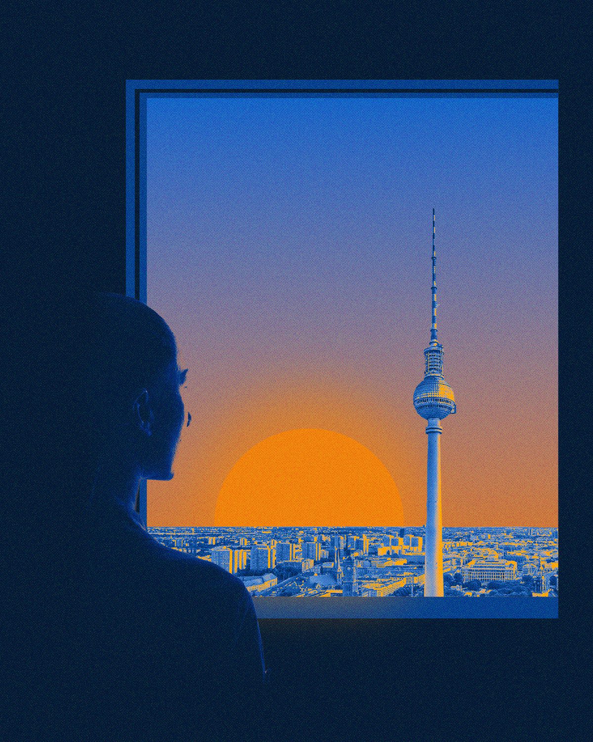 woman looking through her window over the city of Berlin, Germany