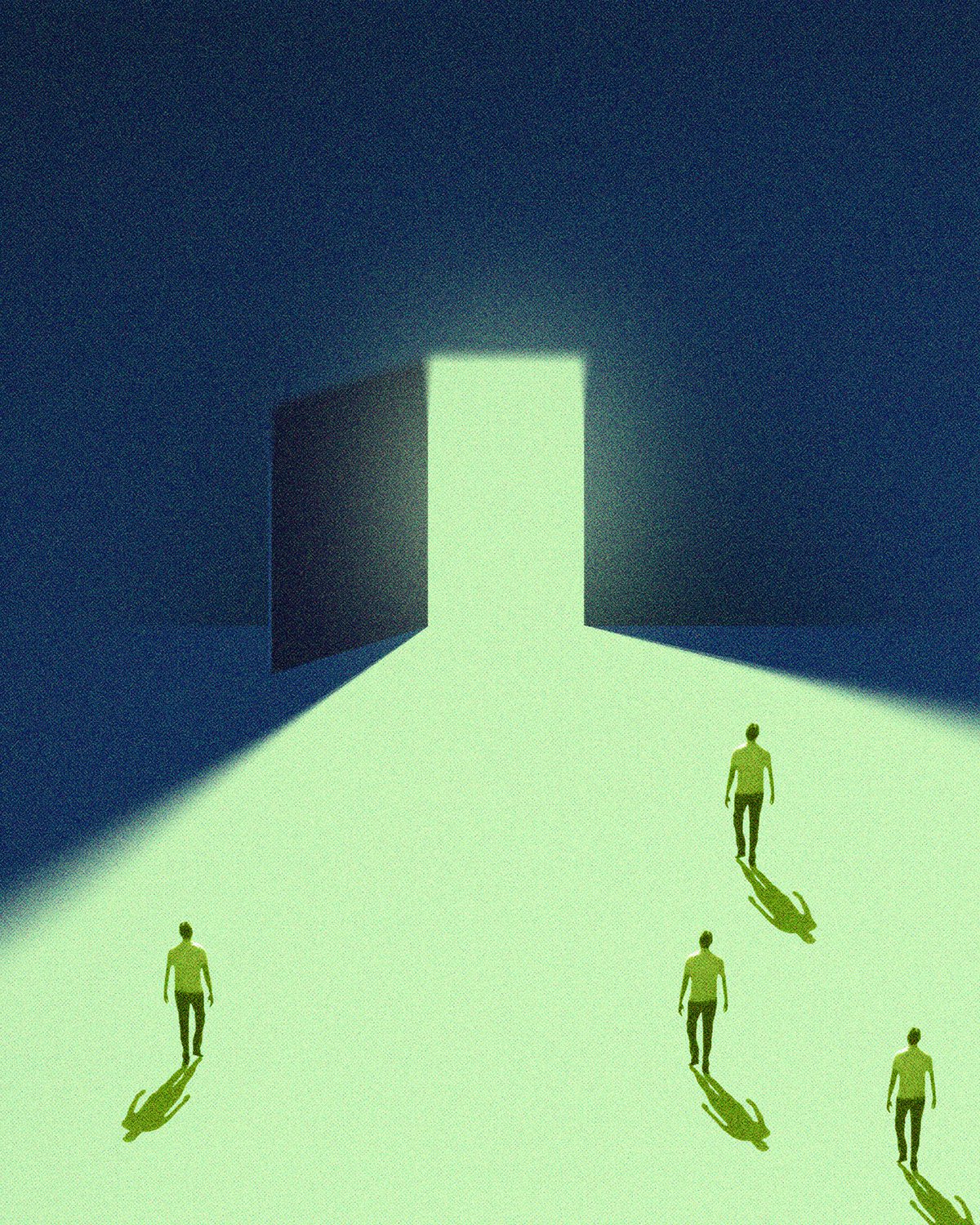 designed artwork of people walking through an open door