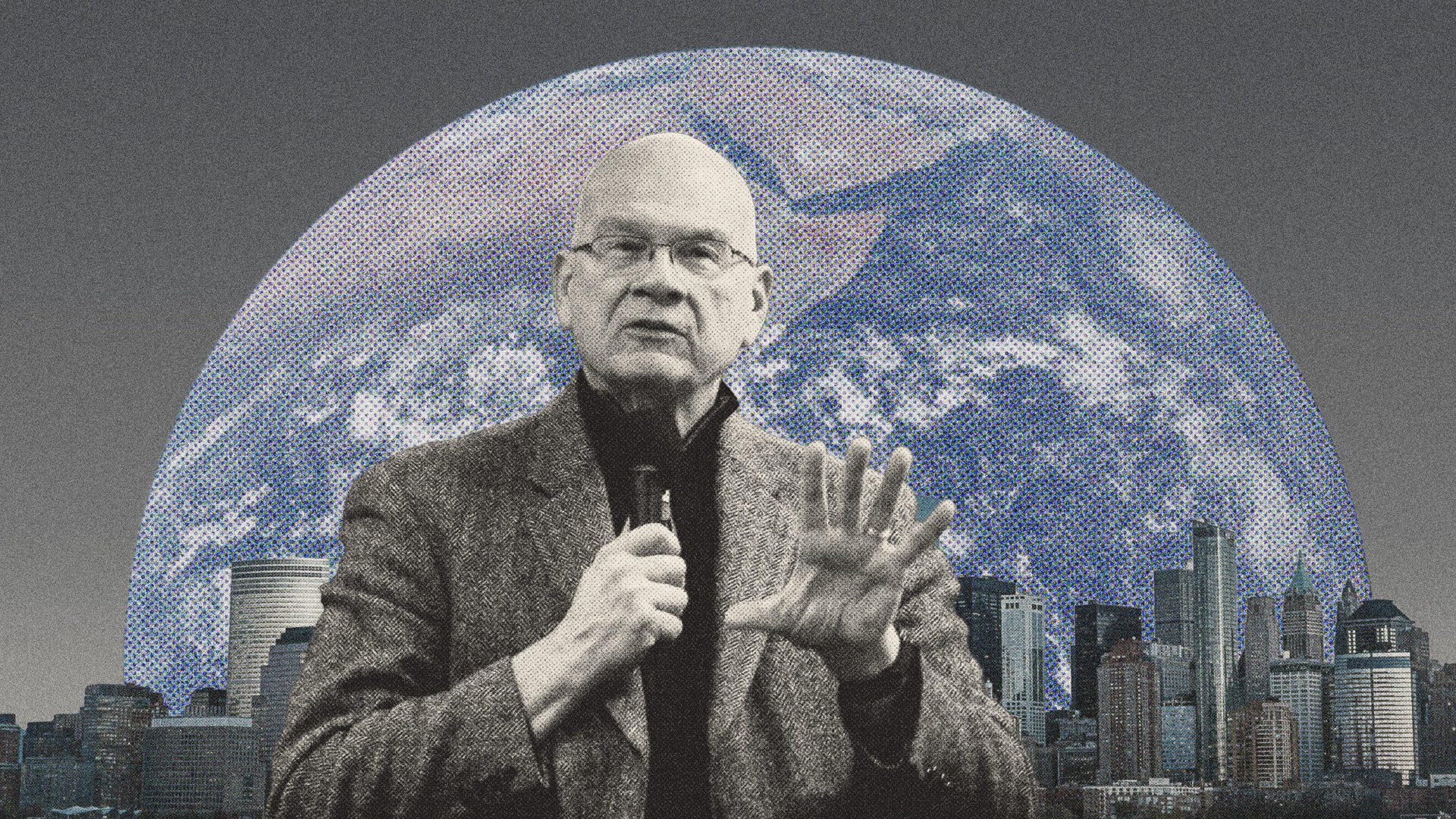 an edited image of Tim Keller teaching with a city and the world as a backdrop