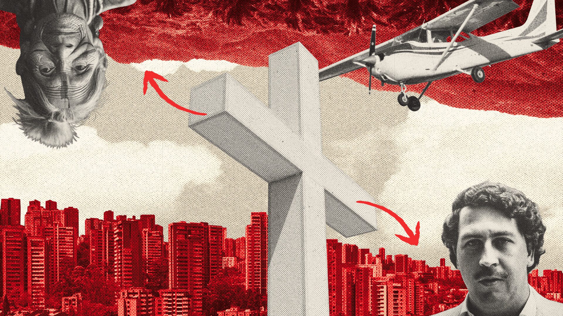 edited image of an Colombian indigenous senior adult, Pablo Escobar, a plane and a cross representing Christianity