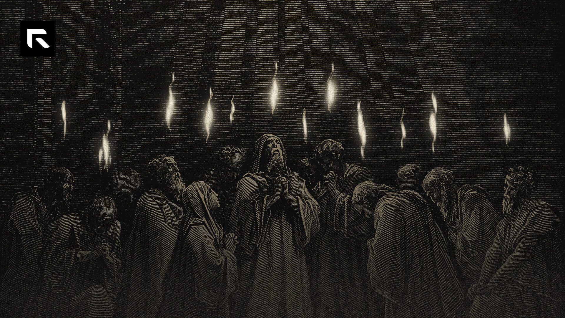black and white photo fo men in robes praying and light shining on them