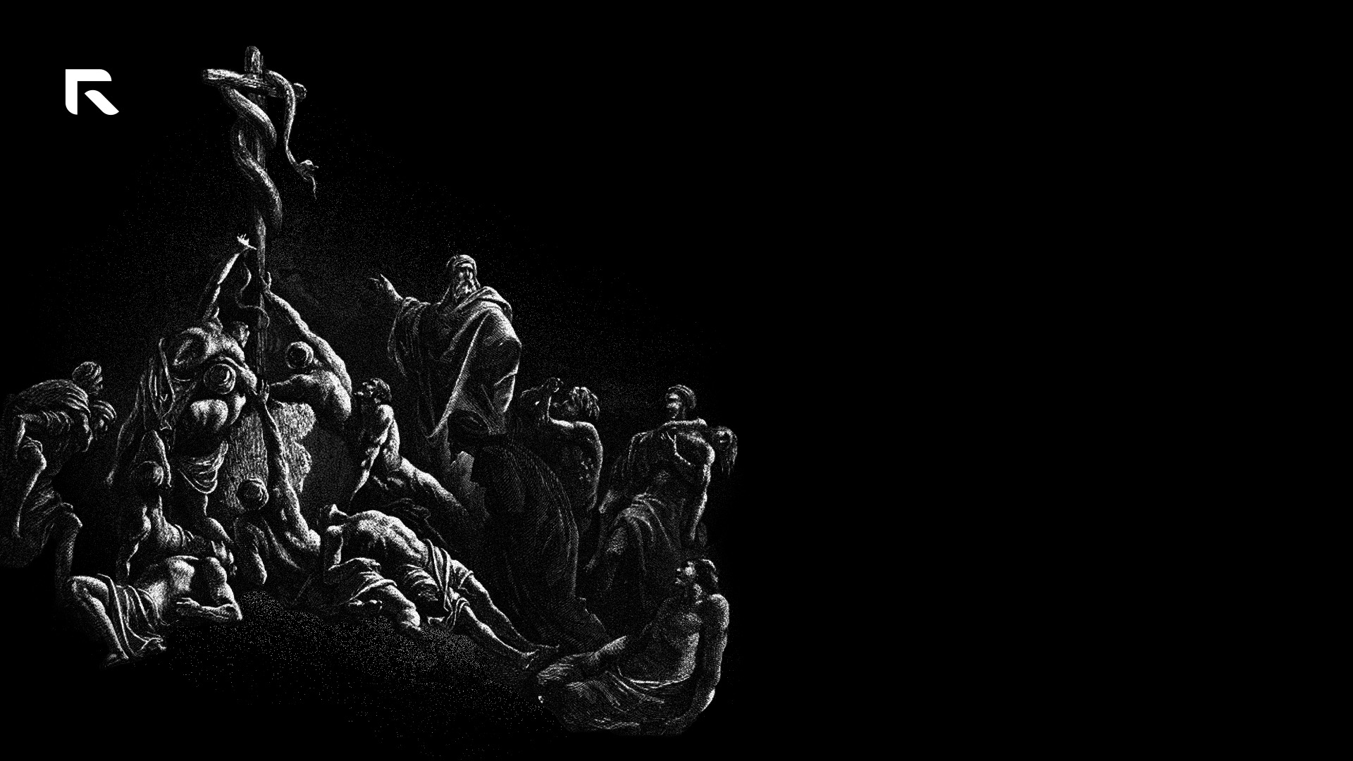 Black and white sketch of ancient robed people gathered around a cross with a snake wrapped around it and one man pointing at the snake