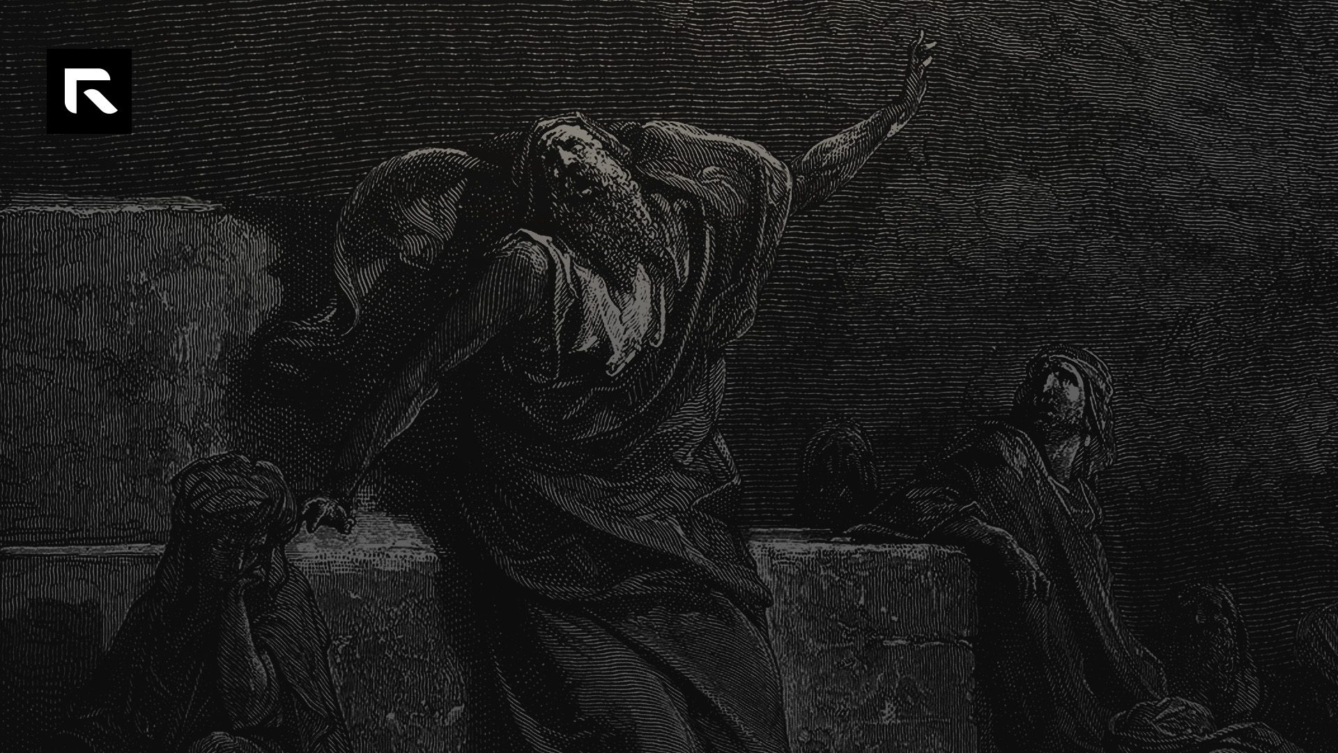 black and white sketch of a robed man reaching out and two others sitting at his feet