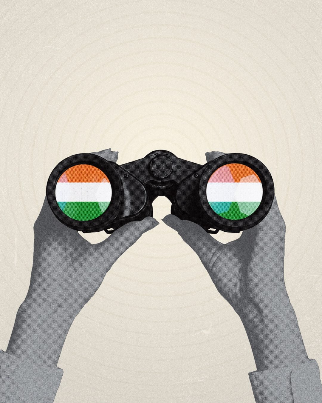 creative image depicting binoculars focusing on the flag of India