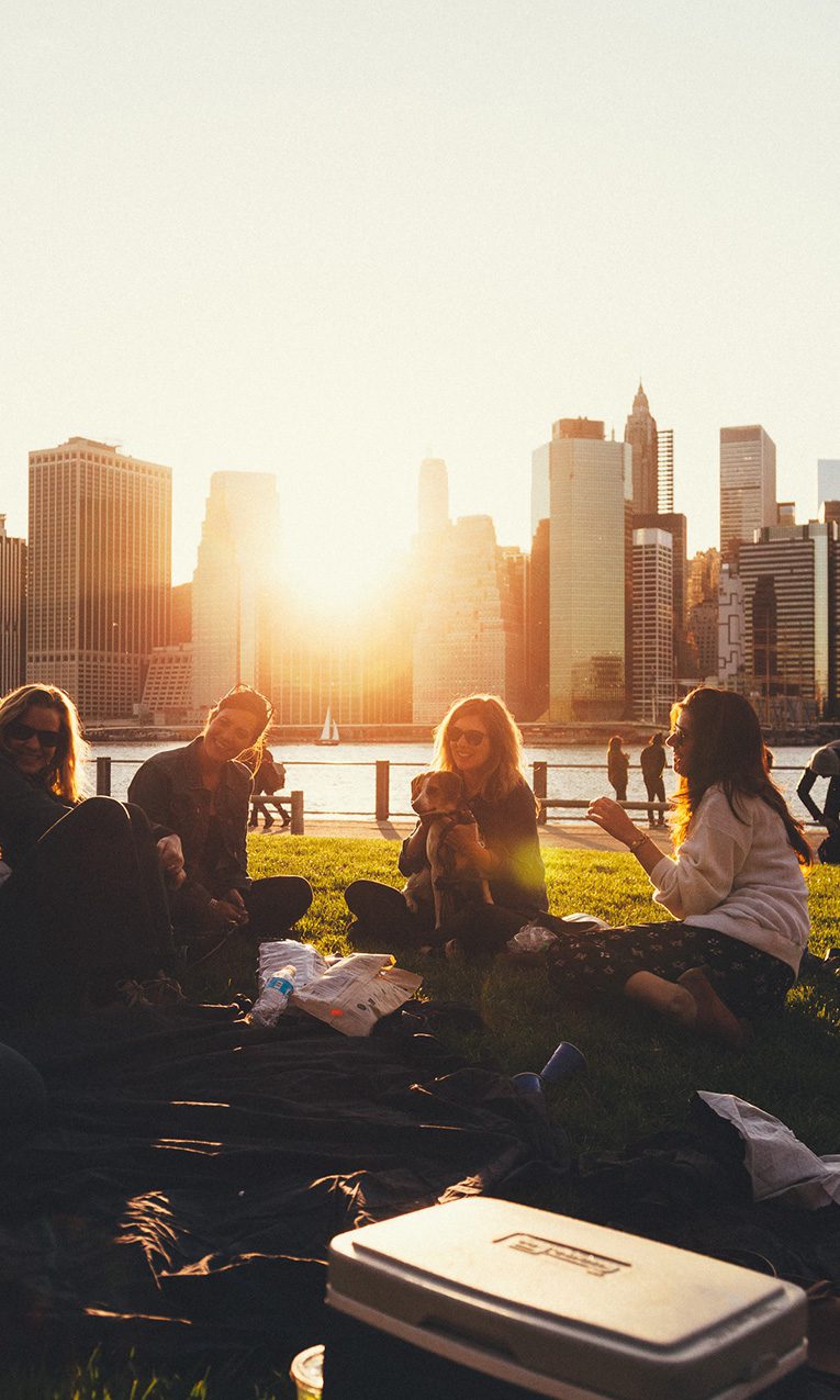 young adults having a picnic at the park during sunset