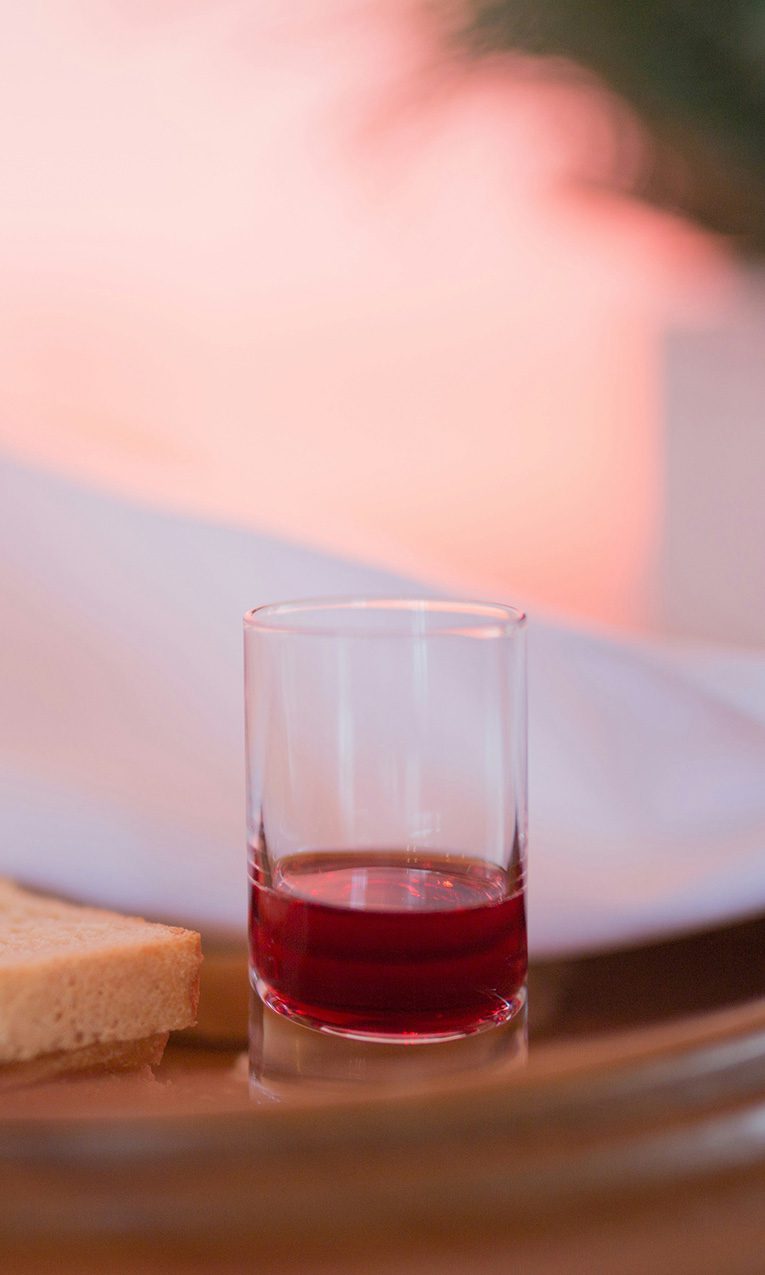 bread and wine set at the Lord's Table