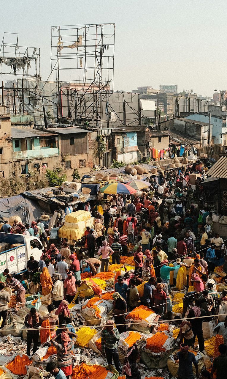 a large crowd of people in the Kolkata Flower Market in India