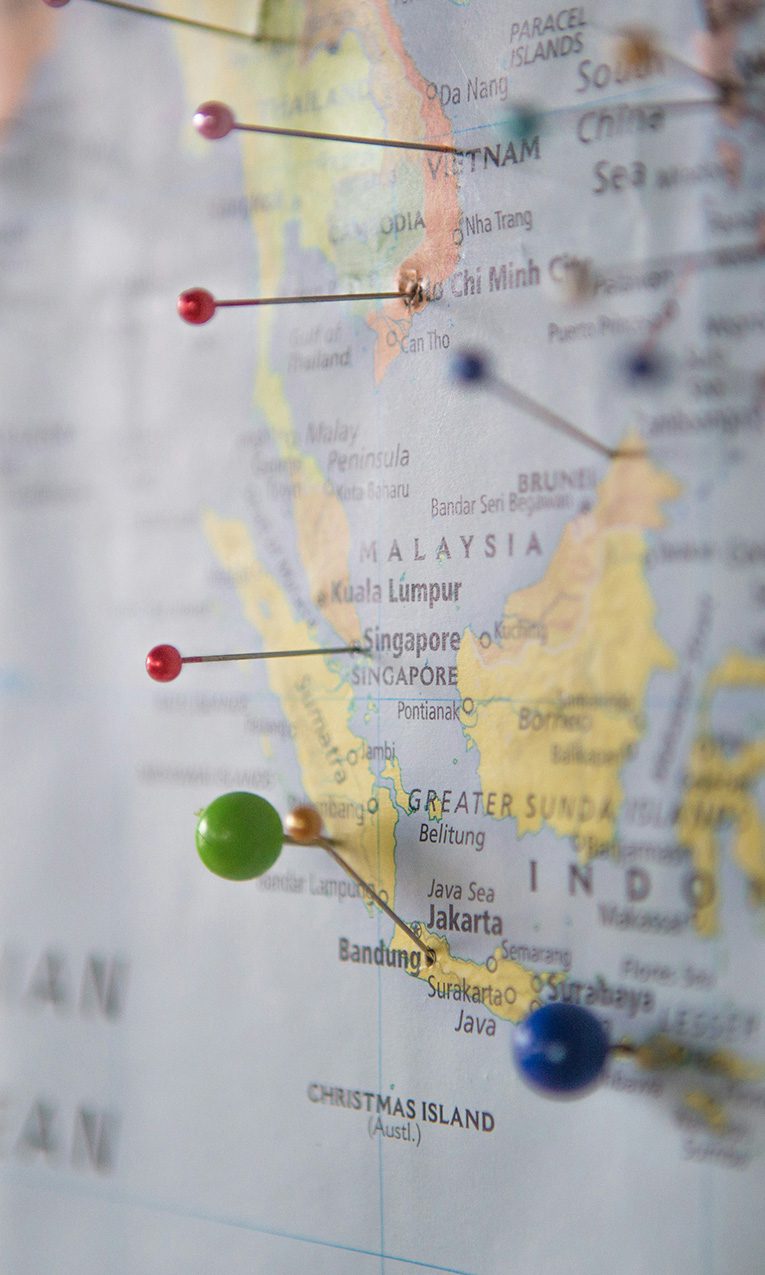 World map with pins
