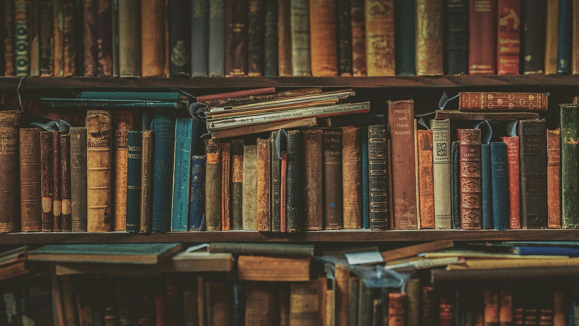 Books in a library.