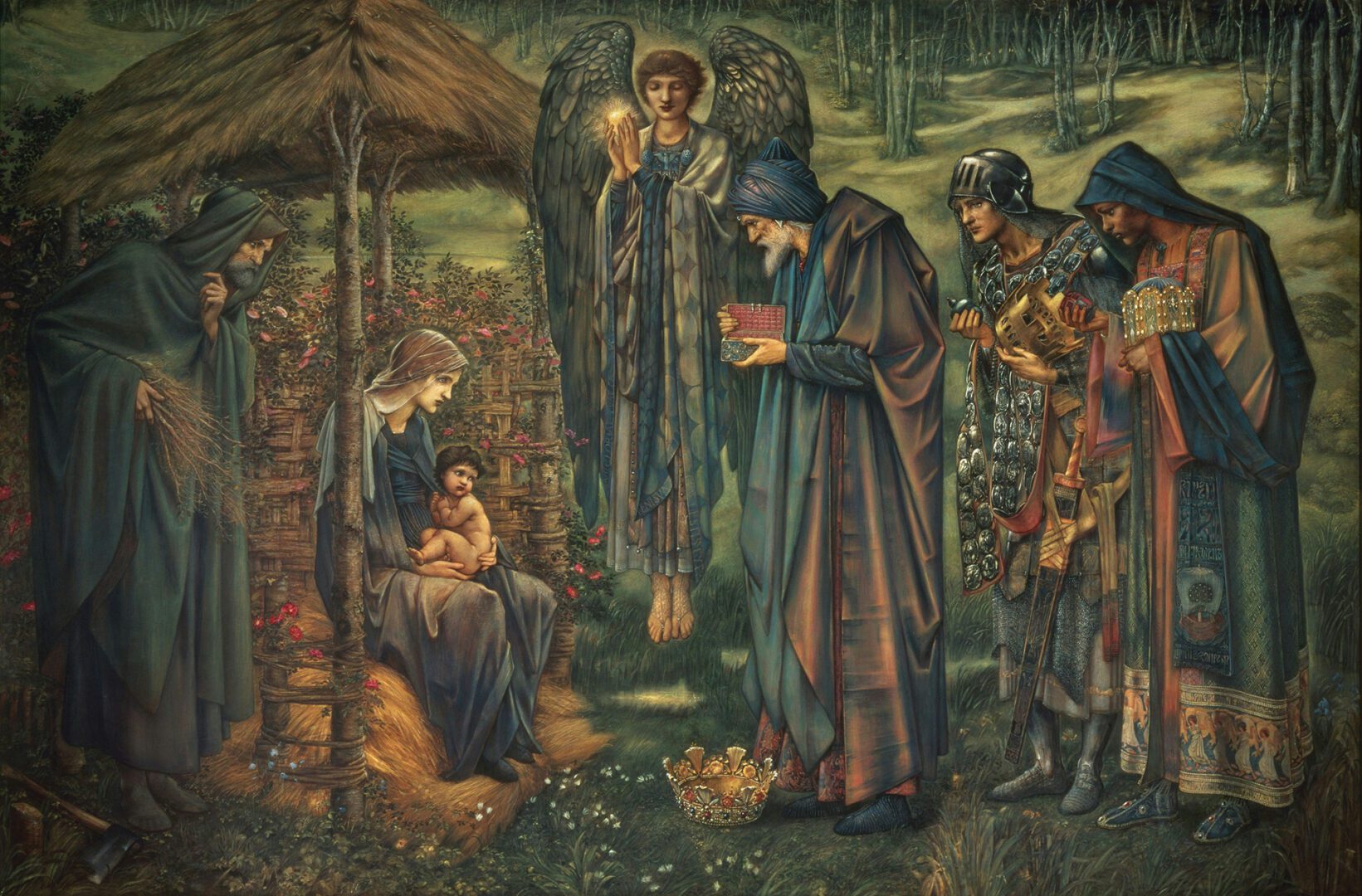 Painting of the birth of Jesus Christ with three wise men and angel.