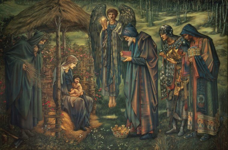 Painting of the birth of Jesus Christ with three wise men and angel.