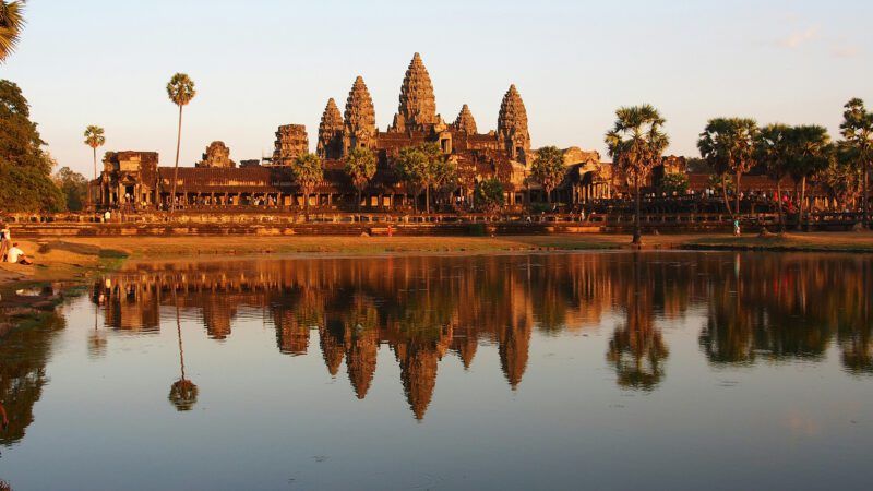 The Angkor Wat Buddhist temple in Krong Siem Reap city in Cambodia.