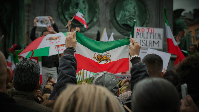 A man holding an Iranian flag at a protest.