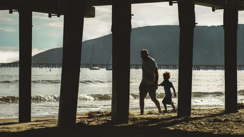 Father and son walking on the shore.