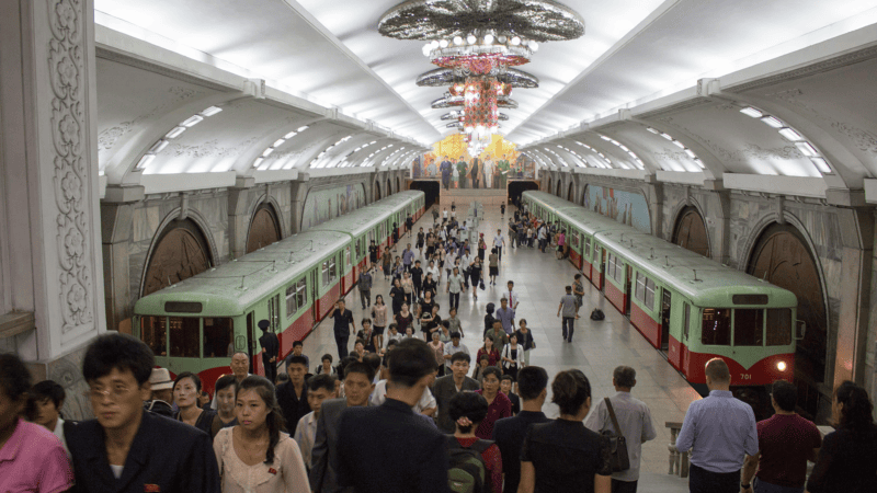 A busy train station in North Korea.